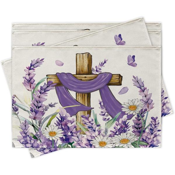 4pcs, Placemats, 부활절 종교 십자가 꽃 패턴 테이블 매트 세트, 봄 여름 라벤더 데이지 꽃 신앙 Christian Dinin : 마이컴포트홈