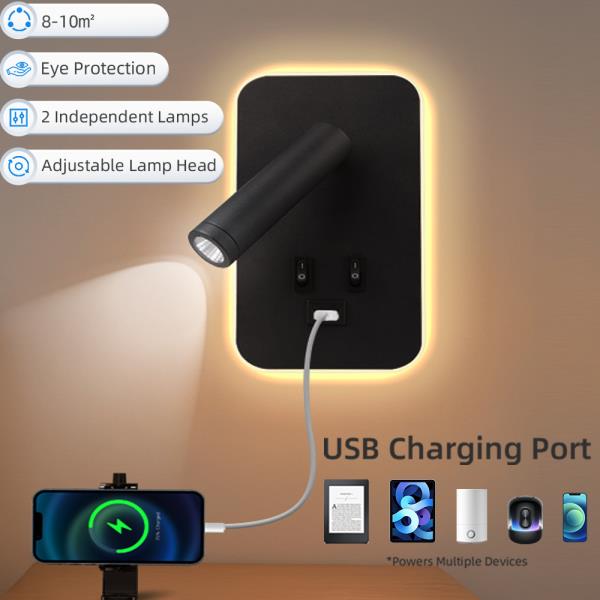 USB 충전 포트 LED 침대 옆 벽 램프, 주방 테이블 사무실 거실 장착 독서등, 가정용 스포트라이트 : 중앙미린
