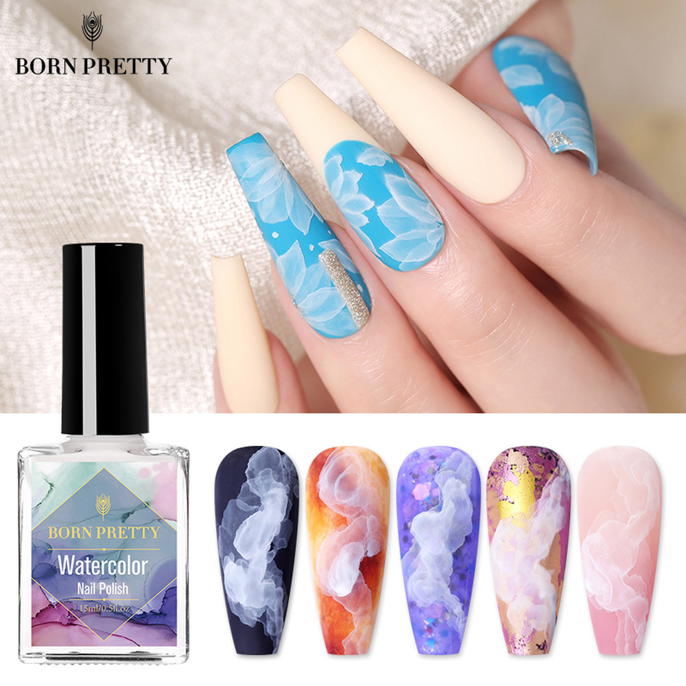 BORN PRETTY 15ml 네일 폴리쉬 화이트 수채화 잉크 손톱 디자인 자연 공기 건조 블루밍 아트 바니시 : 34난쟁이