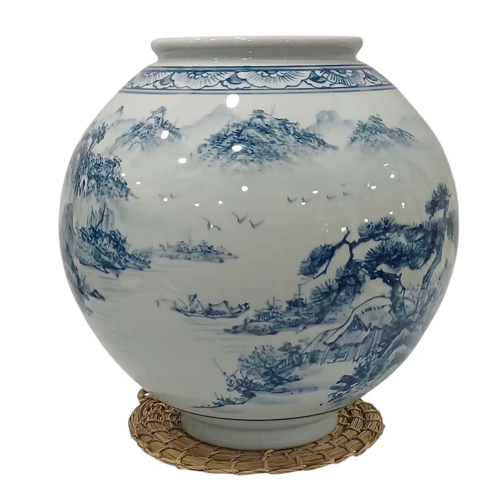 청화백자 청인 산수화 달항아리 (높이35cm) : 우리도예