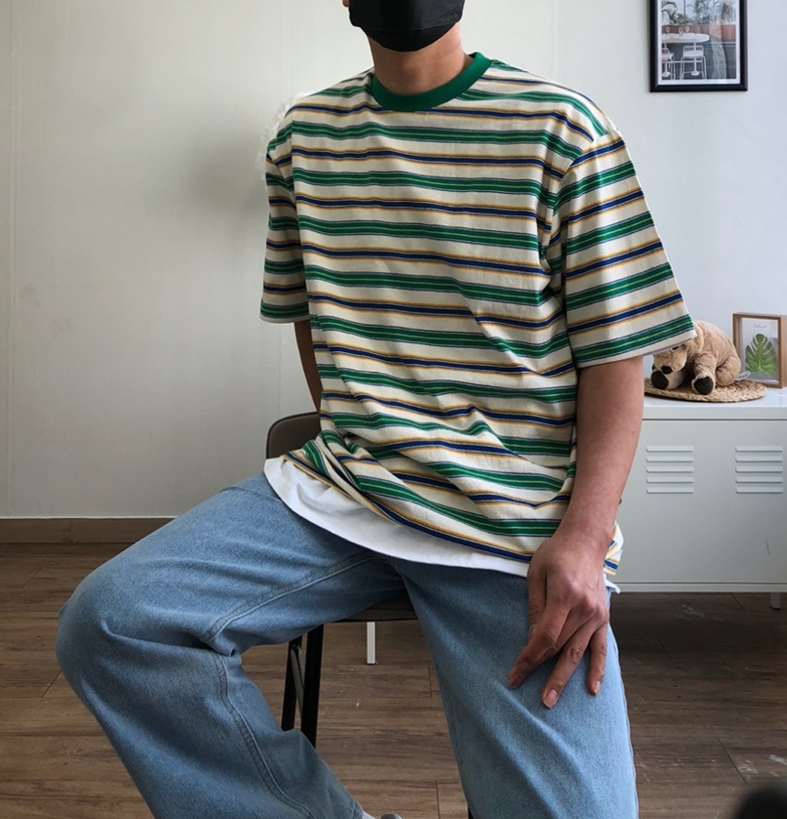 크로A 스트라이프 ST 오버핏 반팔티 : 고노미맨즈