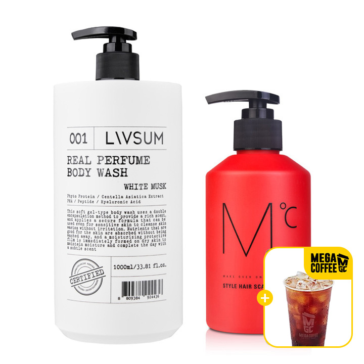 (메가커피 기프티콘증정)[리브썸] 리얼퍼퓸 바디워시 1,000ml(화이트 머스크)+엠도씨 스타일 헤어 스칼프 샴푸 300ml : lifetalk