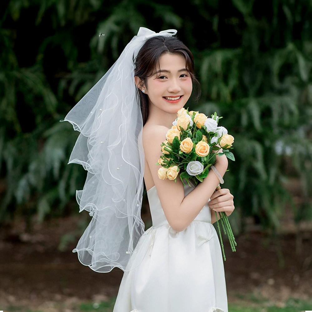 셀프 웨딩 면사포 베일 풍성한 진주 리본 4단 브라이덜샤워 소품 : 토리모