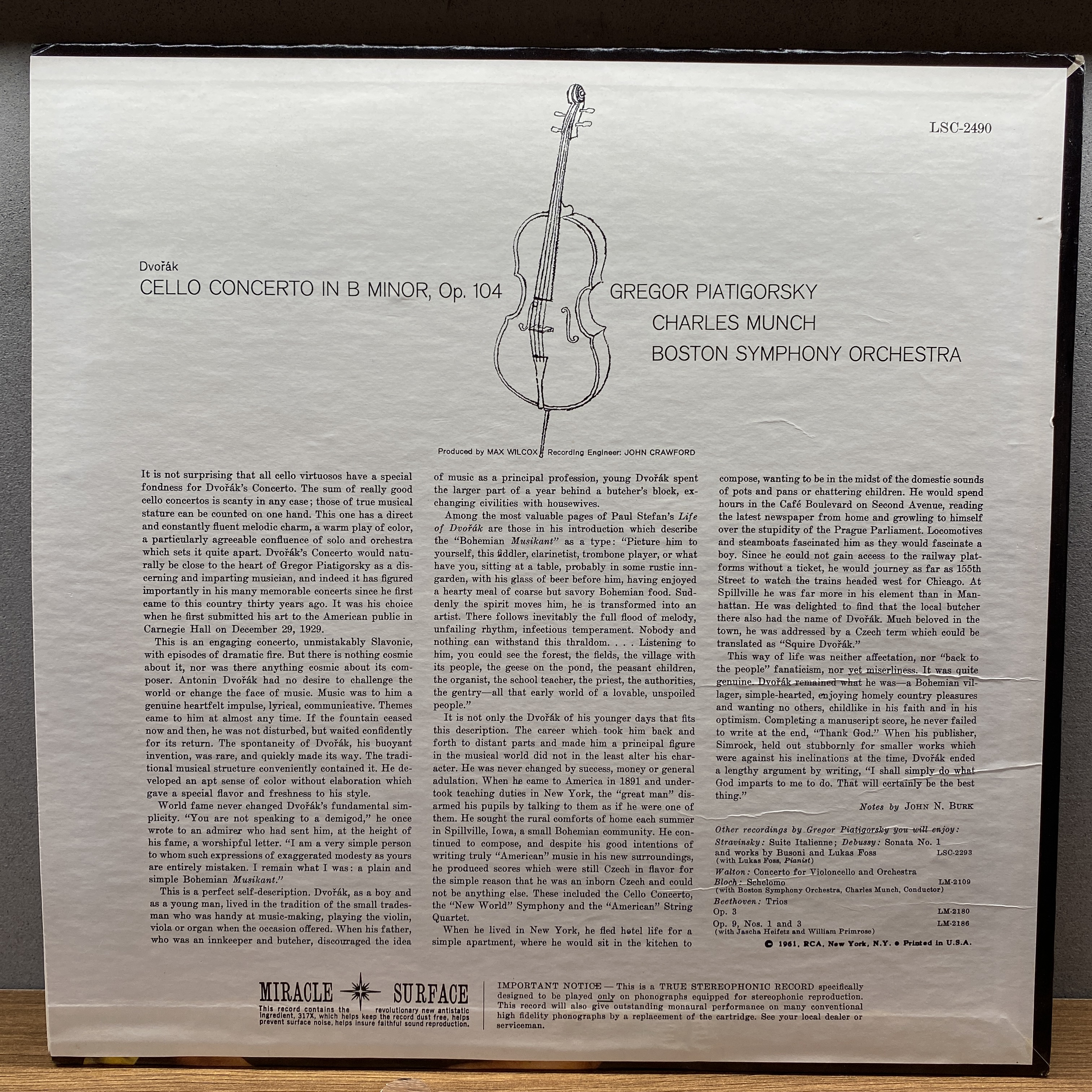 [LP] Dvorak, Piatigorsky / Munch and Boston Symphony Orchestra - Cello Concerto (1961년 미국 스테레오 리프레스) : 코디드바이닐즈