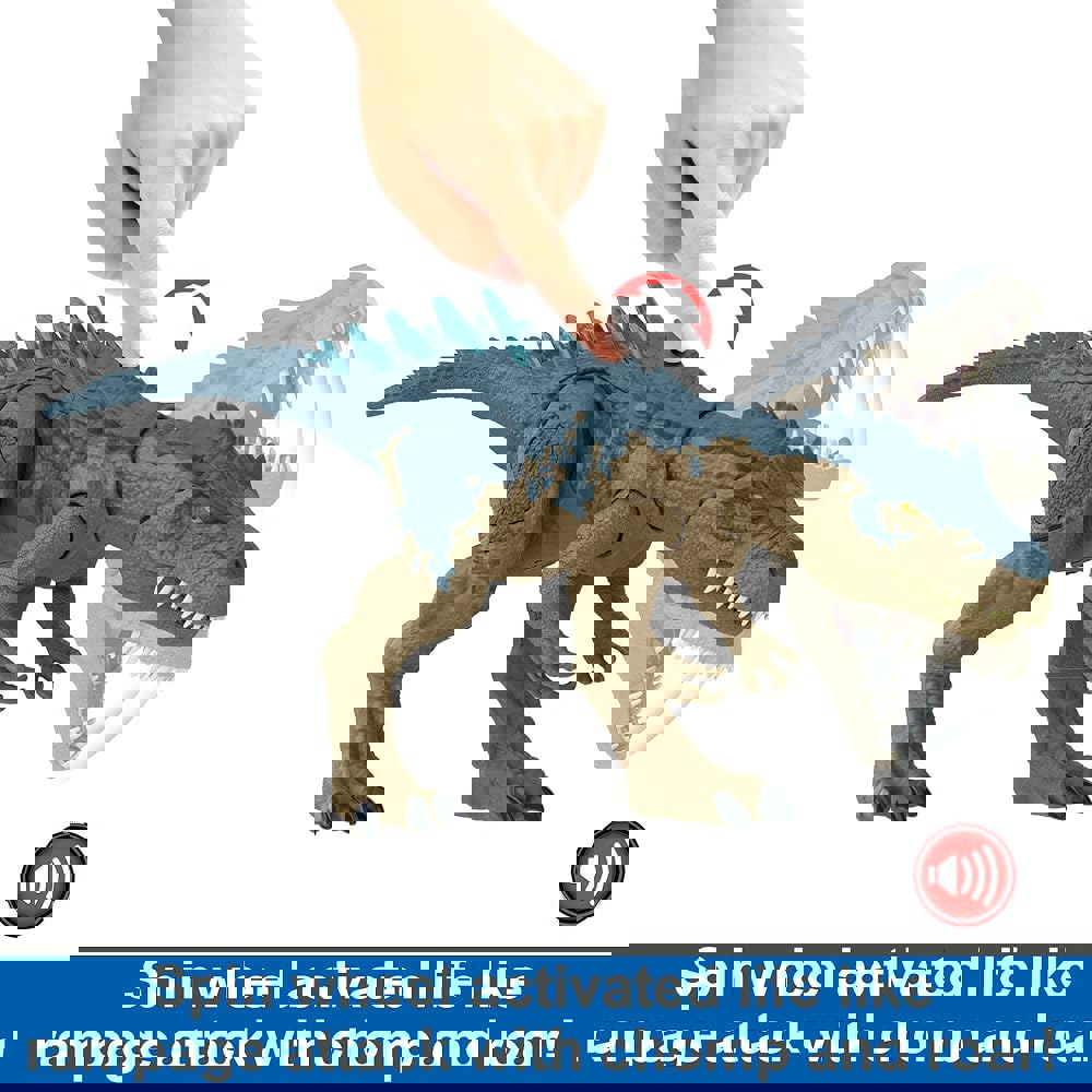 마텔 쥬라기 월드 무자비한 라마긴의 공룡 장난감, 쾅하는 공격력을 가진 알로사우루스 디노 액션 피규어, 포효 소리, 배틀 스파이크 모션... 