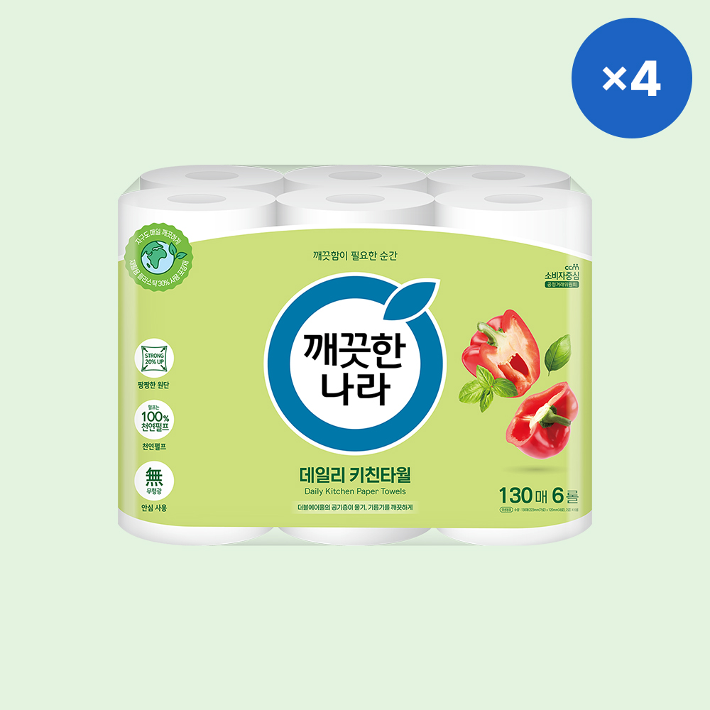 깨끗한나라 데일리 키친타올 그린패키지 130매 X 6롤 X 4팩 : 깨끗한나라 본사직영