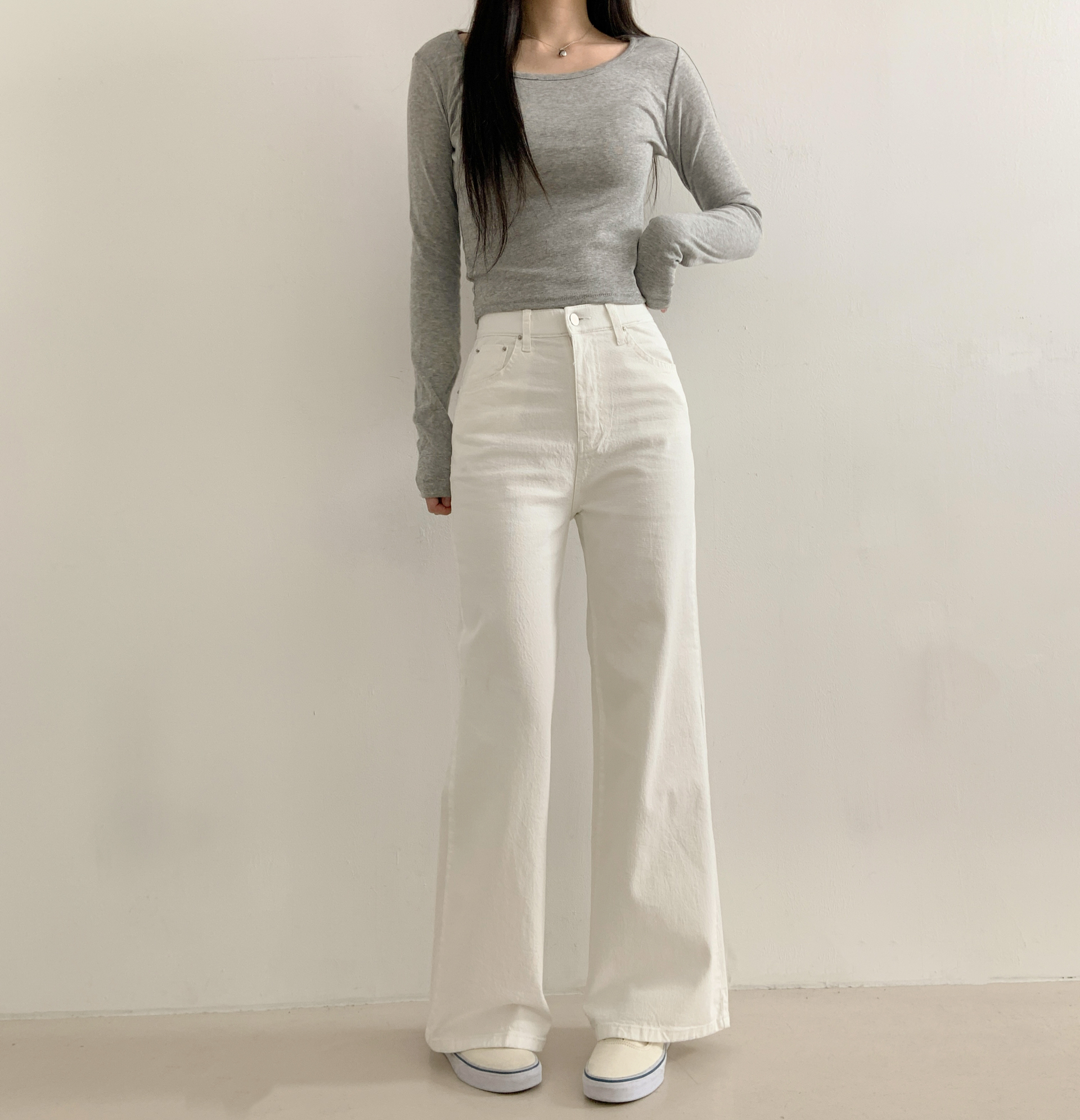 핏보장 세미부츠컷 하이웨스트 허리밴딩 봄 여름 데님 롱 세미와이드 바지 화이트, L : Mode