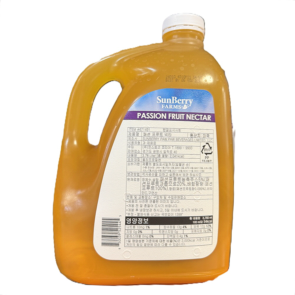썬베리 패션후르츠 넥타 3.78L 패션푸르츠주스 가정용 업소용 카페용품 : 박가네가게