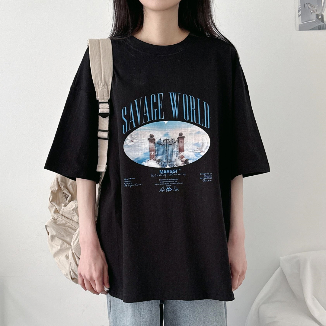 빈티지 데일리 세비지 월드 프린팅 박시 반팔티 3color : 스윗라떼