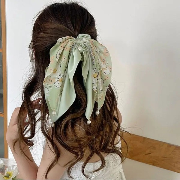 곡괭이자루 우아함 인쇄 긴 리본 SCRUNCHIES 여성을위한 탄성 새틴 포니 테일 스카프  진주 BOHO 헤어 넥타이와 활 밴드 : 해외드림커넥션몰