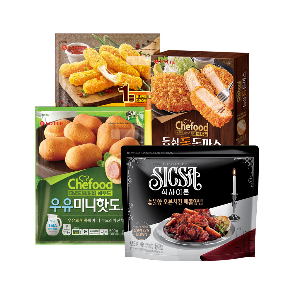 [본사직영] 롯데웰푸드 든든간식팩 (통돈까스 300g+치즈스틱 400g+우유미니핫도그 500g+식사이론 숯불향 오븐치킨 매콤양념 330g)... 