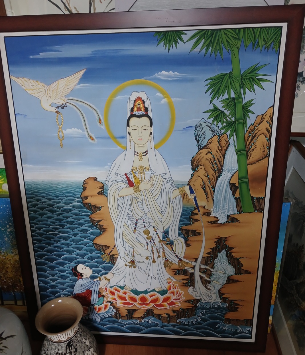 골동품 앤틱 인테리어 해수관음보살 불교 유화 그림 액자 : 케이굿즈 K GOODS