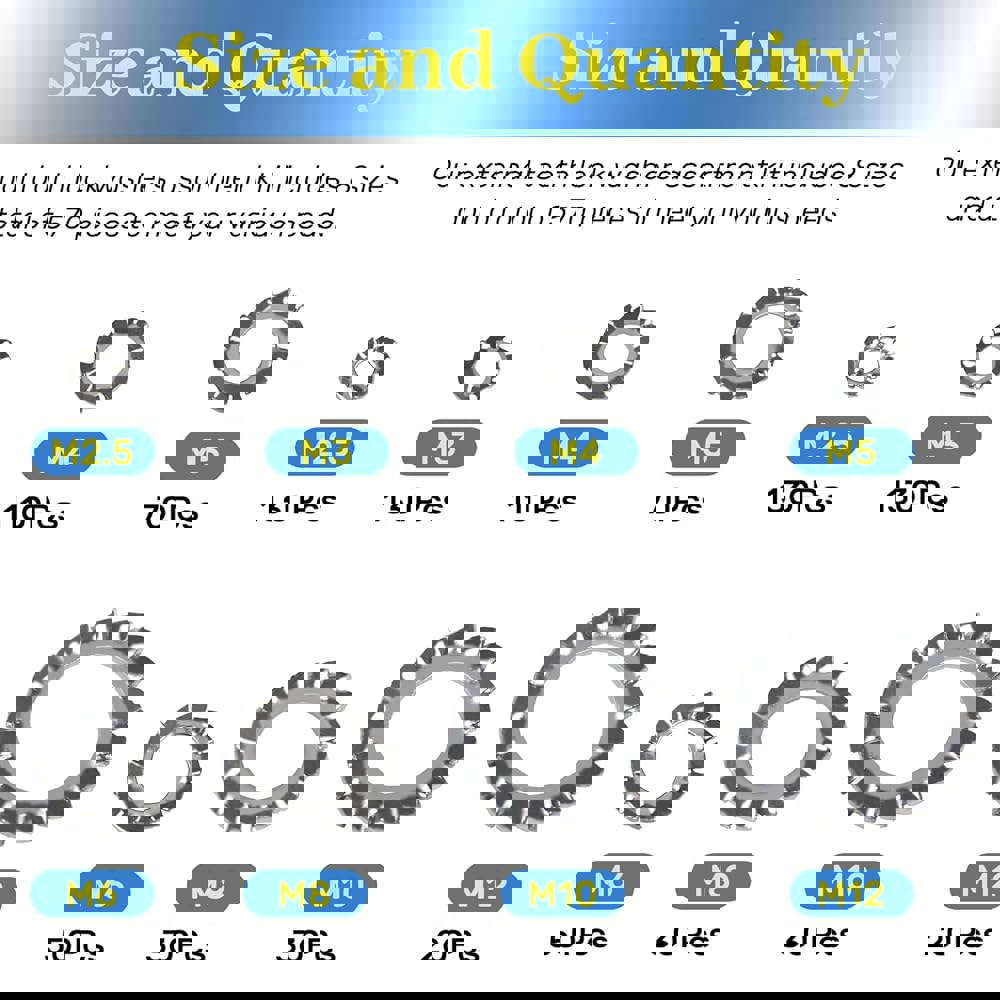 570Pcs 외부 톱니 잠금 와셔 사용됨 환경에서 M2.5 고진동 자주 스테인리스 M5 M3 M4 이빨 키트 모음 M12 세트 External Tooth... 