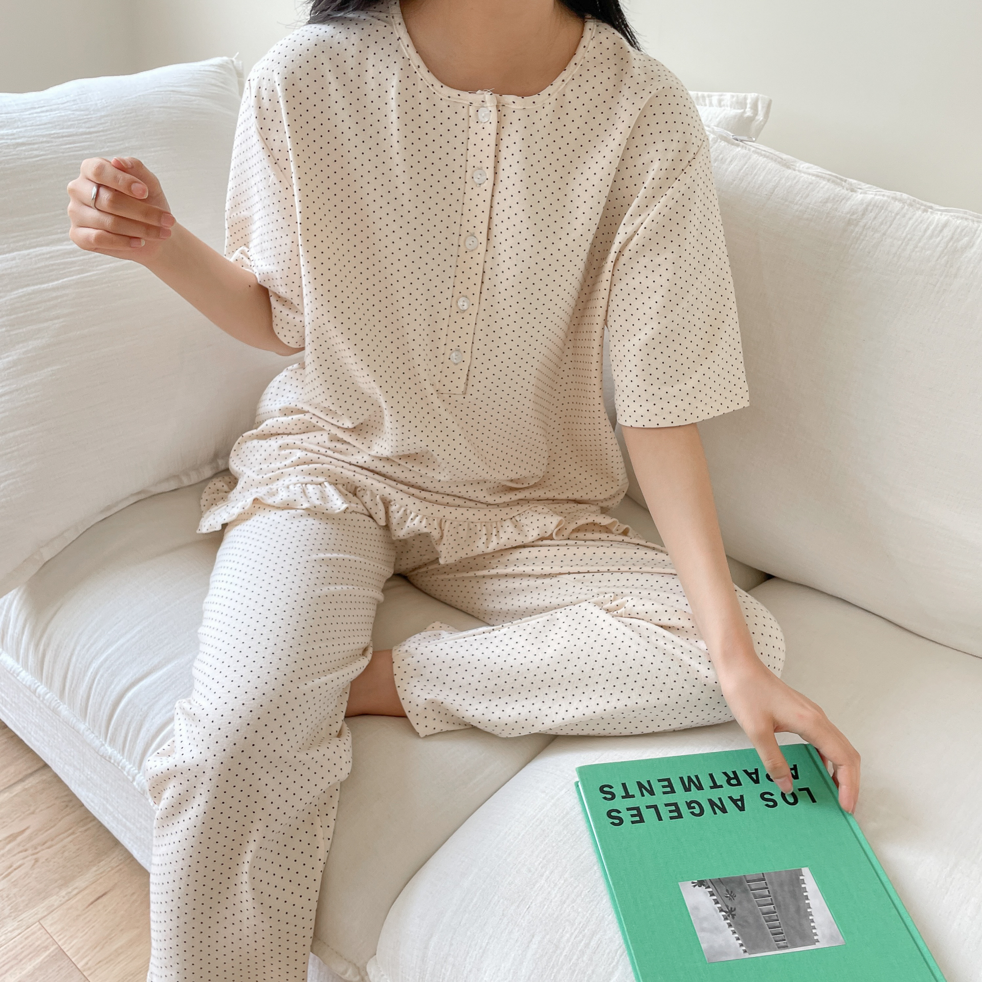 쫀쫀 도트 잠옷세트 국산 임산부 수유 홈웨어 스판 빅사이즈 파자마 : 스수아끌레르