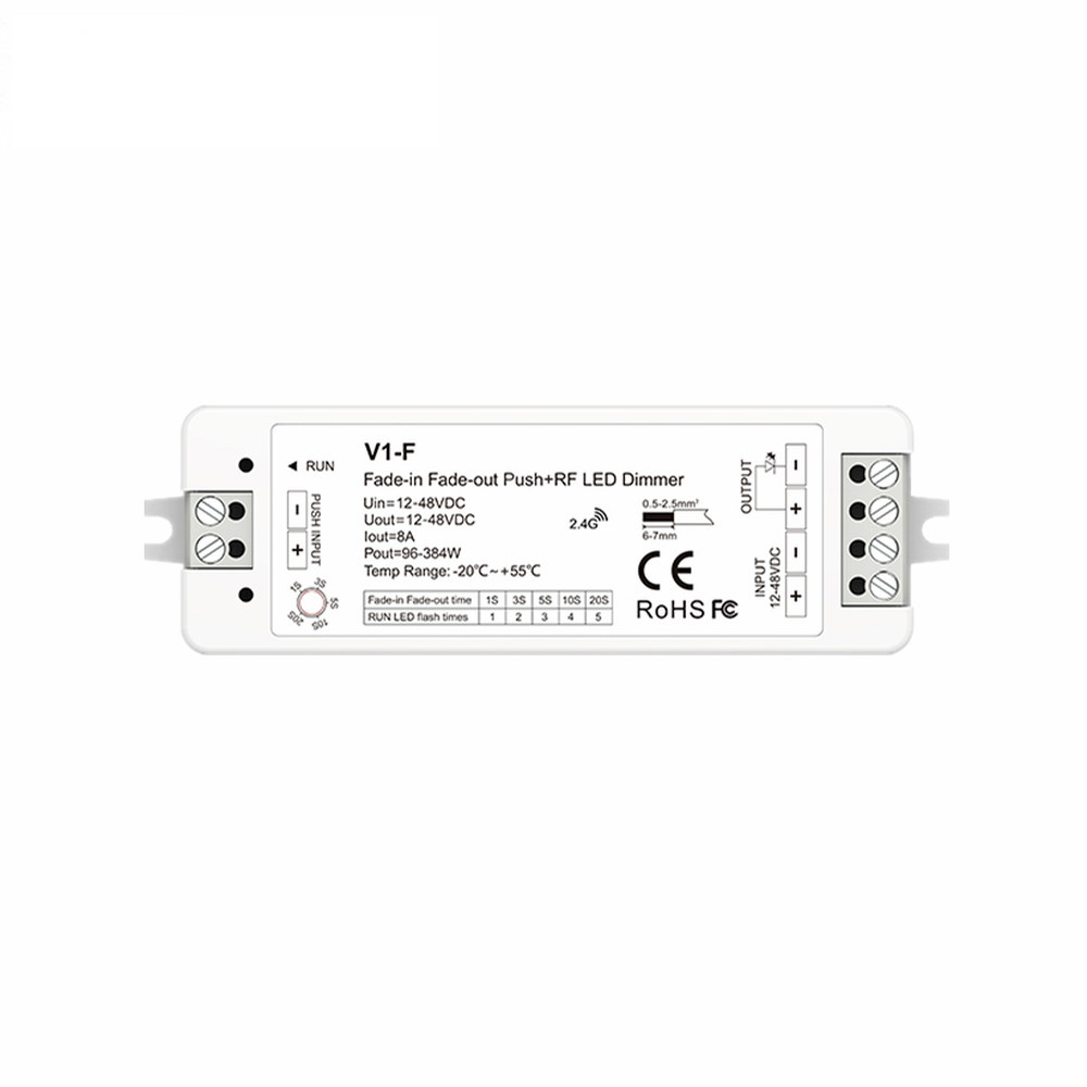 V1 F RF 1CHX8A 단색 LED 스트립라이트용 5페이딩 속도/단계 없는 디밍 12 48VDC CV 페이드인 페이드아웃 LED 조광기(푸시 페이드) V1... 