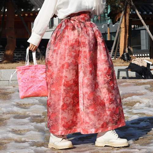 장미꽃 노방 오간자 살구색 분홍 양단 롱 한복 치마 : 서녕한복