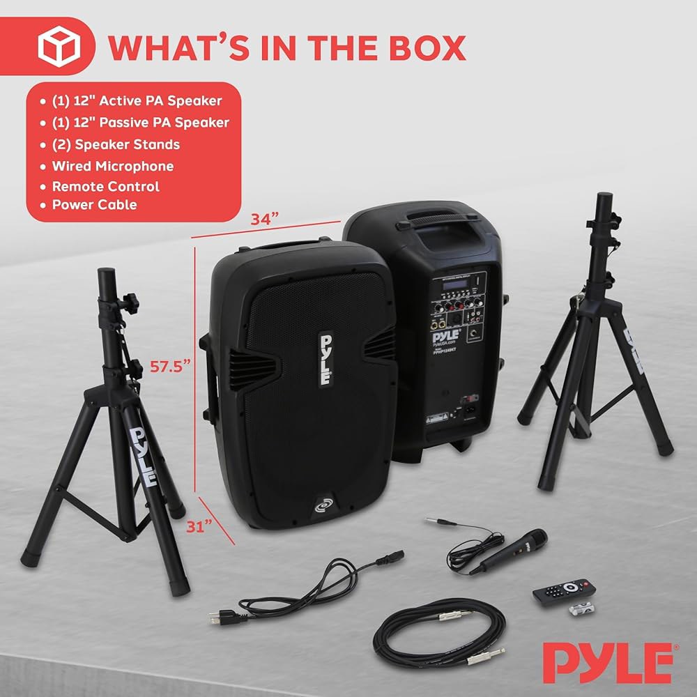 온애이 PYLE 무선 휴대용 PA 시스템 키트 1800W 피크 블루투스 호환 실내 사운드를 위한 액티브 패시브 페어 다중 입력 USB SD AUX XLR... 