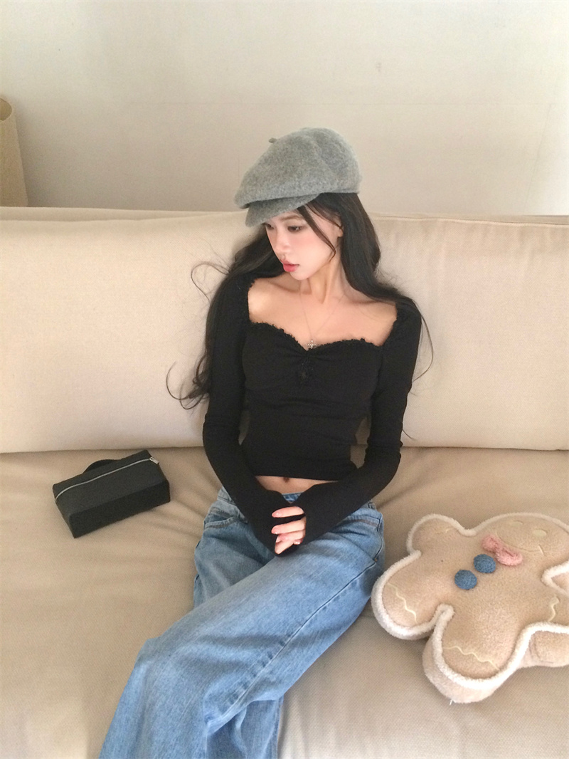 스퀘어넥 프릴 슬림핏 크롭 긴팔 티셔츠 양군스토어VWS166 : Yang-Gun Shop