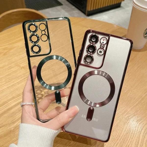 삼성 호환 갤럭시 호환 S25 S24 S23 S21 S22 울트라 플러스 무선 충전 TPU 클리어 커버 용 Magsafe 렌즈 보호 케이스 고급 도금 : 미주포레