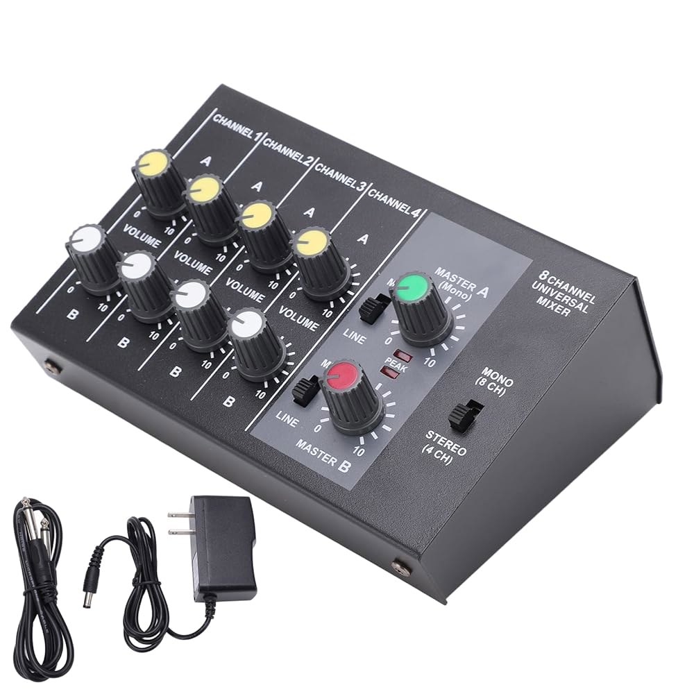 DC 12V 8채널 오디오 믹서 입력 모노 스테레오 사운드 믹싱 콘솔 저소음 6.35mm 인터페이스 미국 플러그 110-240V 전원 : cincoAZ
