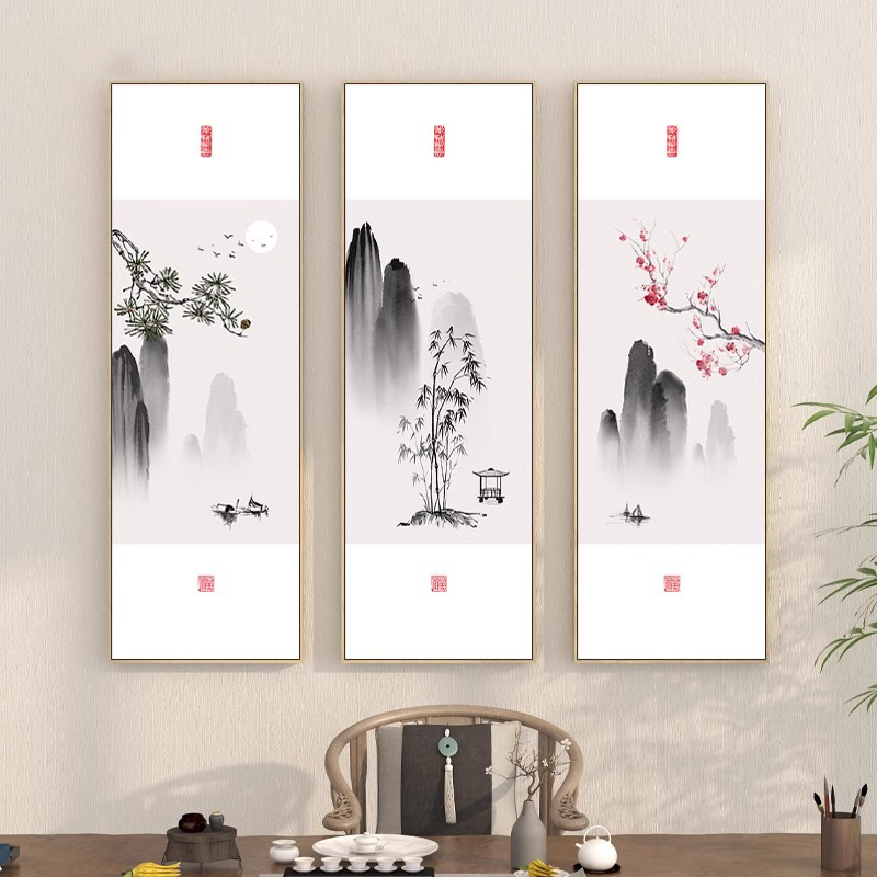 겨울 세 친구 그림 중국식 거실 삼중 인테리어 선다방 배경 벽걸이 액자 환영 소나무 대나무 매화 : 흐린하늘