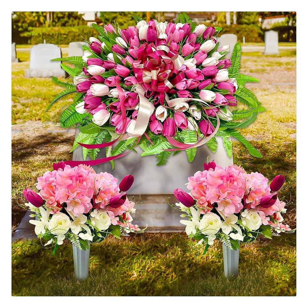 플로라티아 묘비 장식용 헤드스톤 플라워 안장 인조 꽃, 대형 튤립 Purple-orange 1 Bouquet : GSN