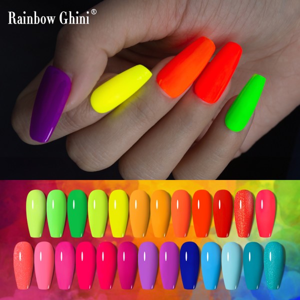 2023 네일파츠 레인보우 Ghini 15ml 네온 젤 매니큐어 캔디 형광 색상, 반영구 UV 바니시 하이브리드 페인트 네일 아트 글루 바 : SolBox