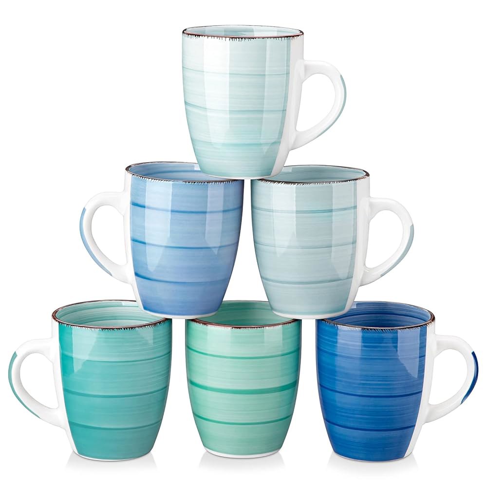 반카소 12온스 커피 머그잔 세트 6개 카푸치노 라떼 차 쿨 컬러용 세라믹 컵 Blue 12oz : 간트아셀13