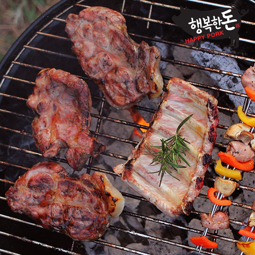 국내산 냉장 캠핑고기 한돈삼겹살, 목살, 오겹살, 등갈비, 폭립 바베큐 수육고기 500g : 행복한돈