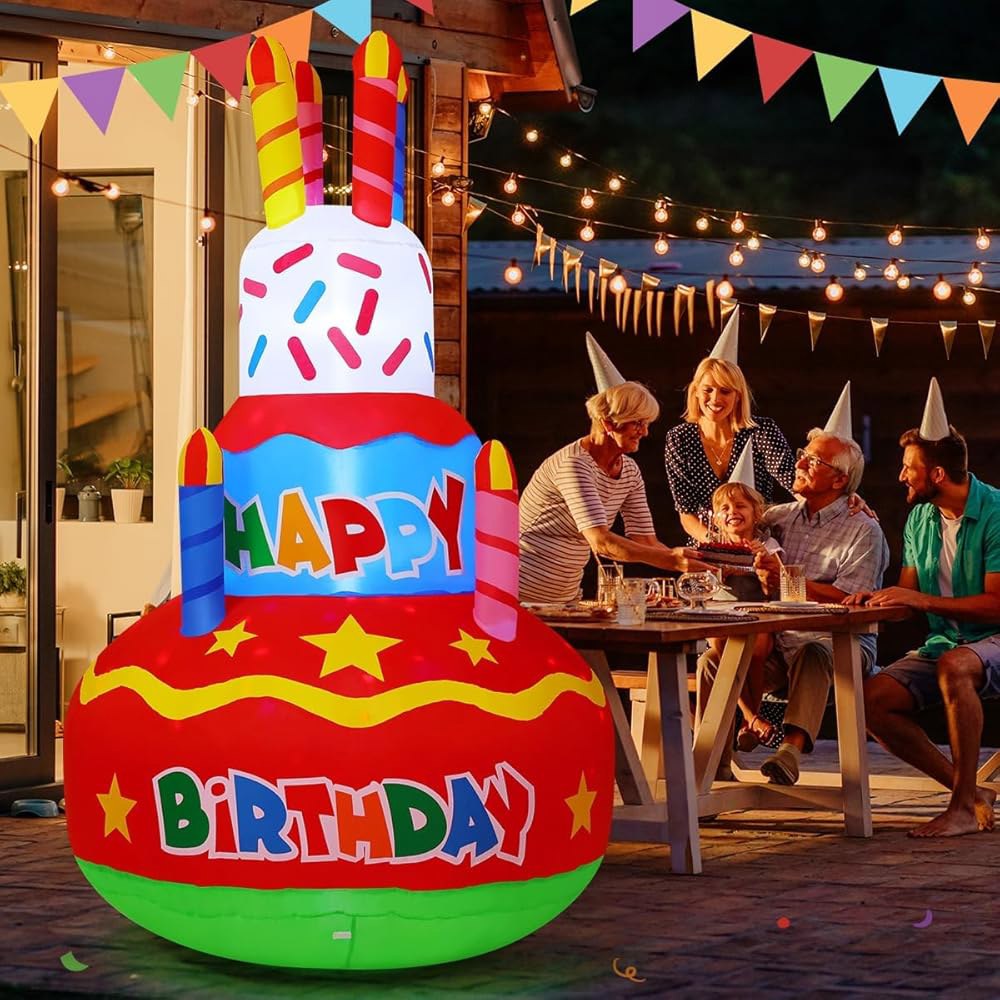 온애이 구쉬 2피트 생일 축하 풍선 야외 장식 케이크와 양초 파티 정원... 다채로운 회전 LED 조명으로 마당 장식을 폭파합니다 : 서이서하컴퍼니