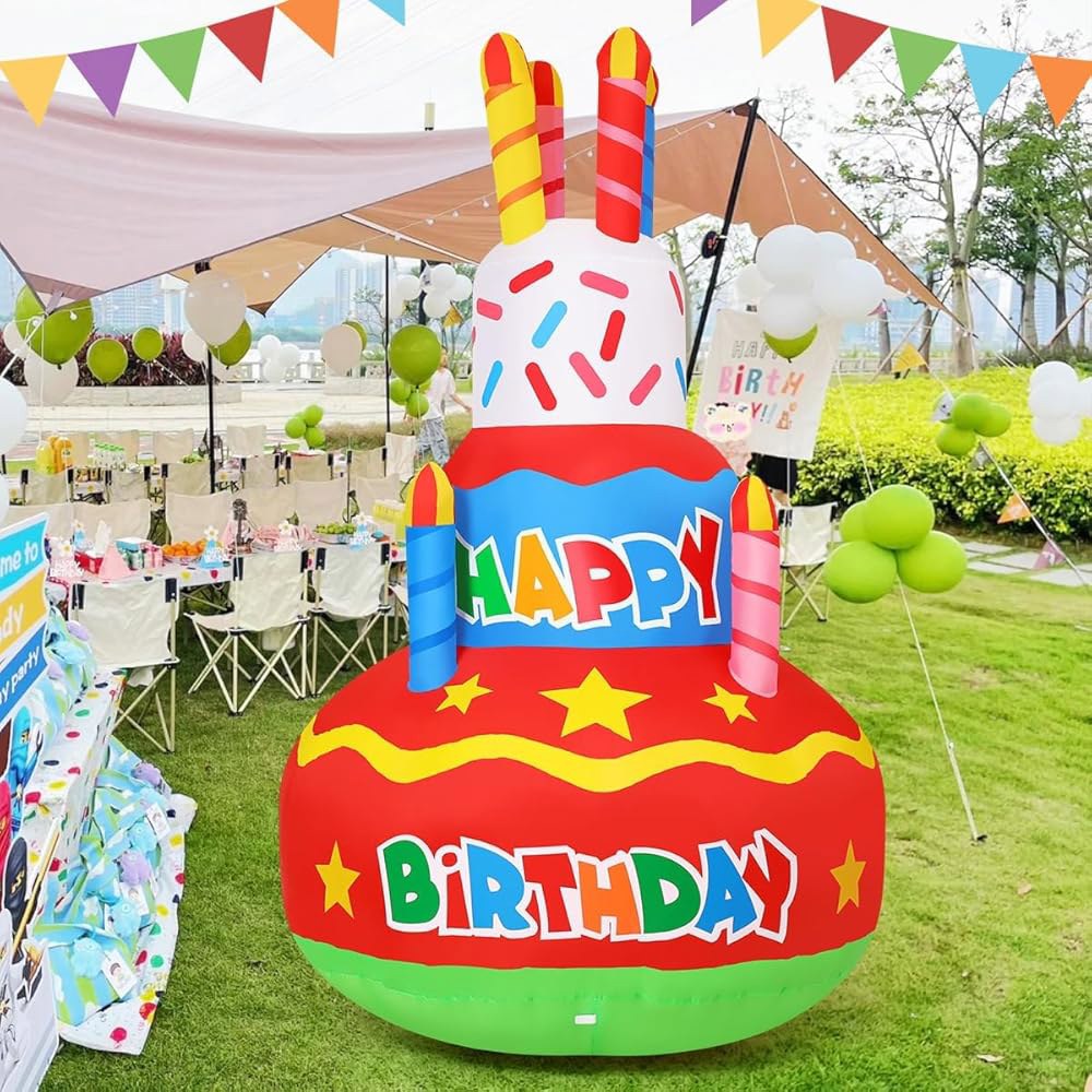 온애이 구쉬 2피트 생일 축하 풍선 야외 장식 케이크와 양초 파티 정원... 다채로운 회전 LED 조명으로 마당 장식을 폭파합니다 : 서이서하컴퍼니