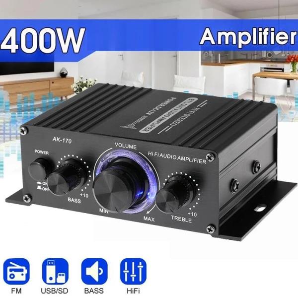 AK170 미니 소형 디지털 전원 오디오 자동차 앰프 홈 시어터 클럽 파티 음악 200Wx2 전원 블루 라이트 스테레오 : 허브C
