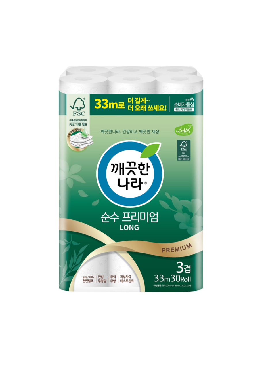 깨끗한나라 순수 프리미엄 화장지 3겹 33m 30롤 1팩 물에잘녹는 무형광 두루마리 : 태라상사
