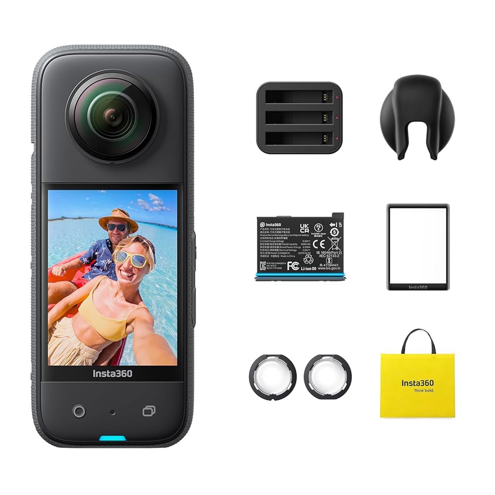 Insta360 X3 액션 번들 방수 360 액션 카메라(1/2 48MP 센서 포함), 5.7K 360 액티브 HDR 비디오, 72MP 360 사진, 4K 싱글 렌즈, 60fps... 