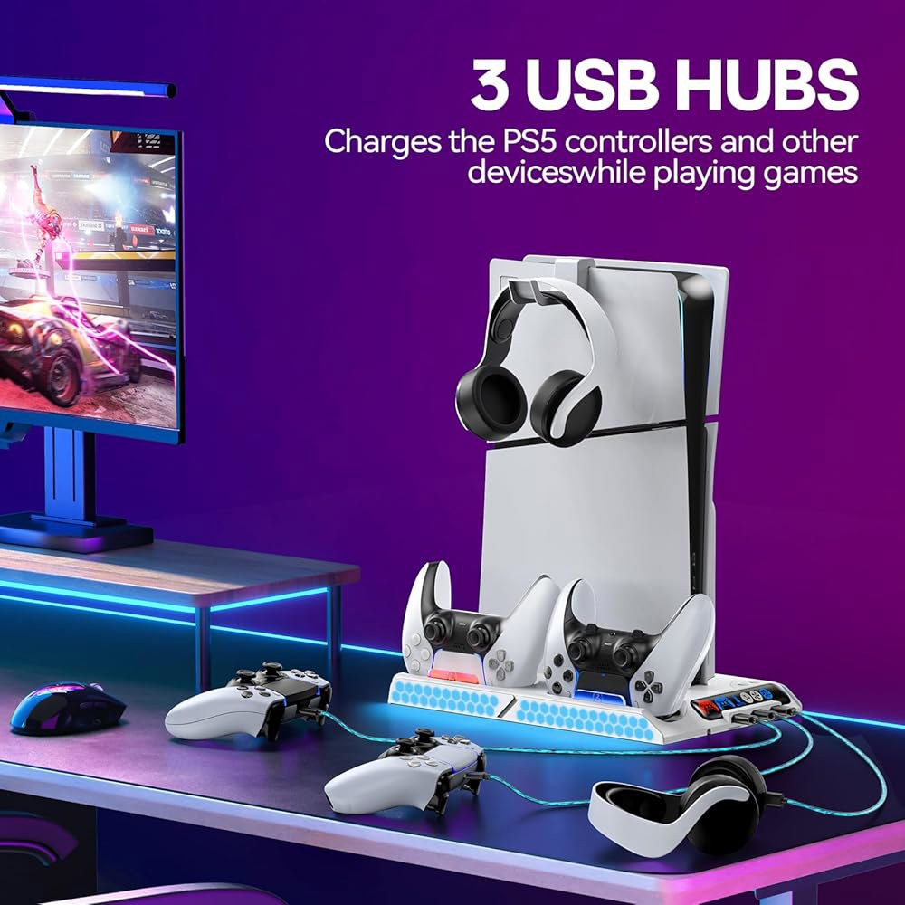 4레벨 팬과 9개의 RGB 모드를 갖춘 템프 오토 컨트롤 PS5/슬림/프로 냉각 스테이션, 모든 PS5 콘솔용 PS5 스탠드 수직 도크 스테이션, PS5... 