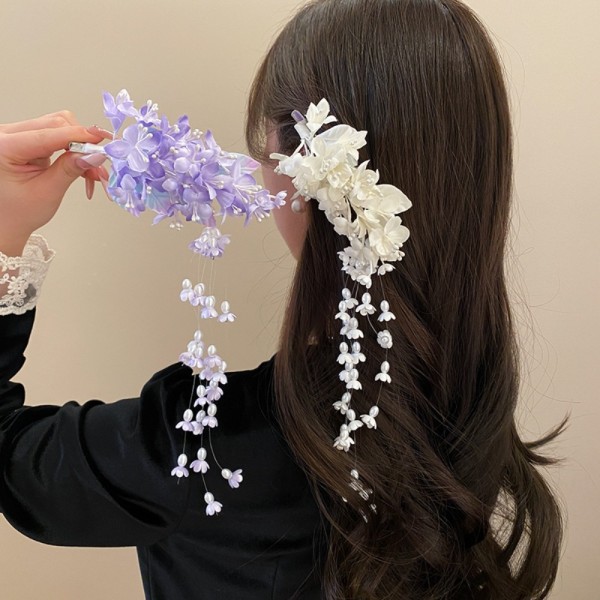 진주 술과 우아한 꽃 난초 헤어 클립 여성을위한 긴 머리 발톱 드레스 액세서리 슈퍼 요정 달콤한 : jjcompanyy
