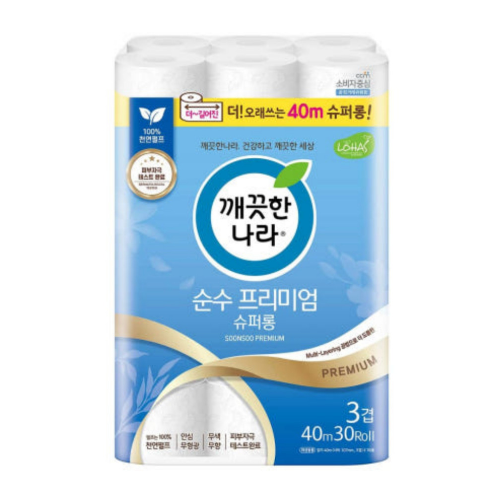 깨끗한나라 순수 프리미엄 슈퍼롱 40m x 30롤 x 2 대용량 천연펄프 : 스마트더몰