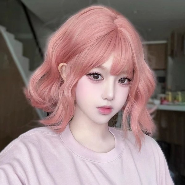 12인치 짧은 곱슬 합성 밥 가발 레이스 부분 핑크 워터 컬리 밥 가발 앞머리 기계 제작 밥 가발 코스프레 파티 매일 : 사랑컴퍼니