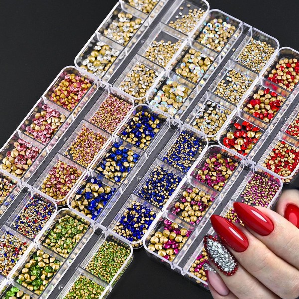 1000pcs 콘 다이아몬드 네일 라인 석 믹스 크기 2/3/4mm 미니 유리 아트 장식 골드 백 반짝 이는 매니큐어 : 사과몰23