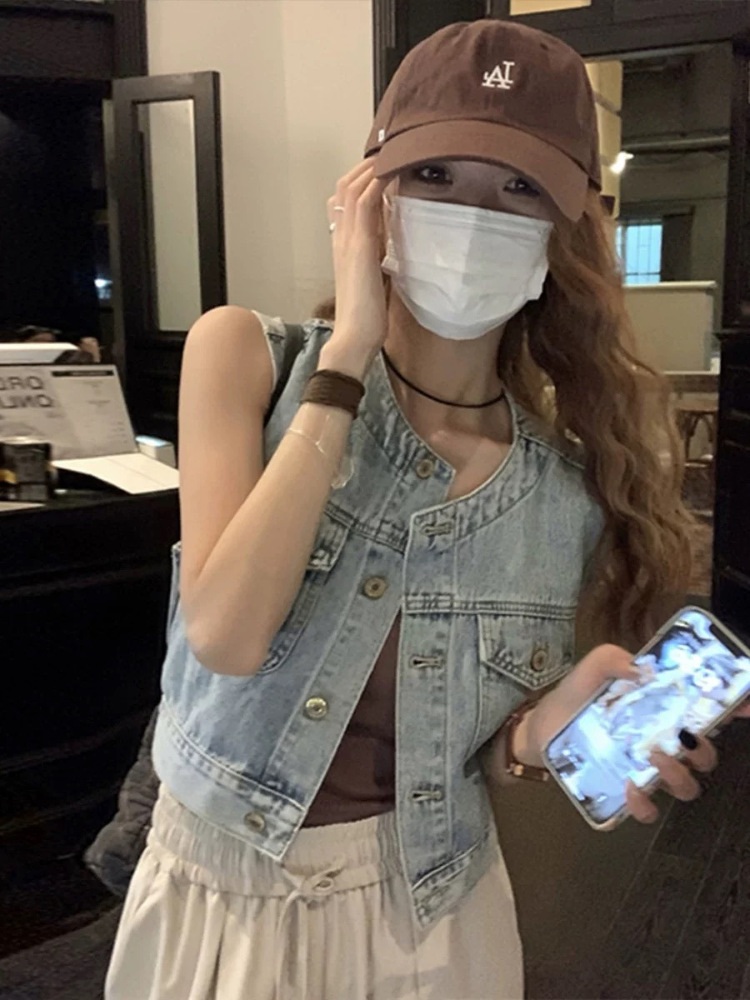 노카라 레트로 데님 민소매 조끼 레이어드 조끼  라이트 블루 S : 트렌드하울