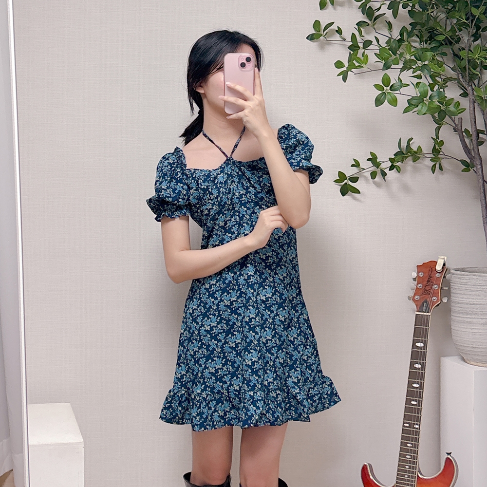 스퀘어넥 셔링 미니원피스 플라워 꽃 나염 오프숄더 원피스 : The마티니