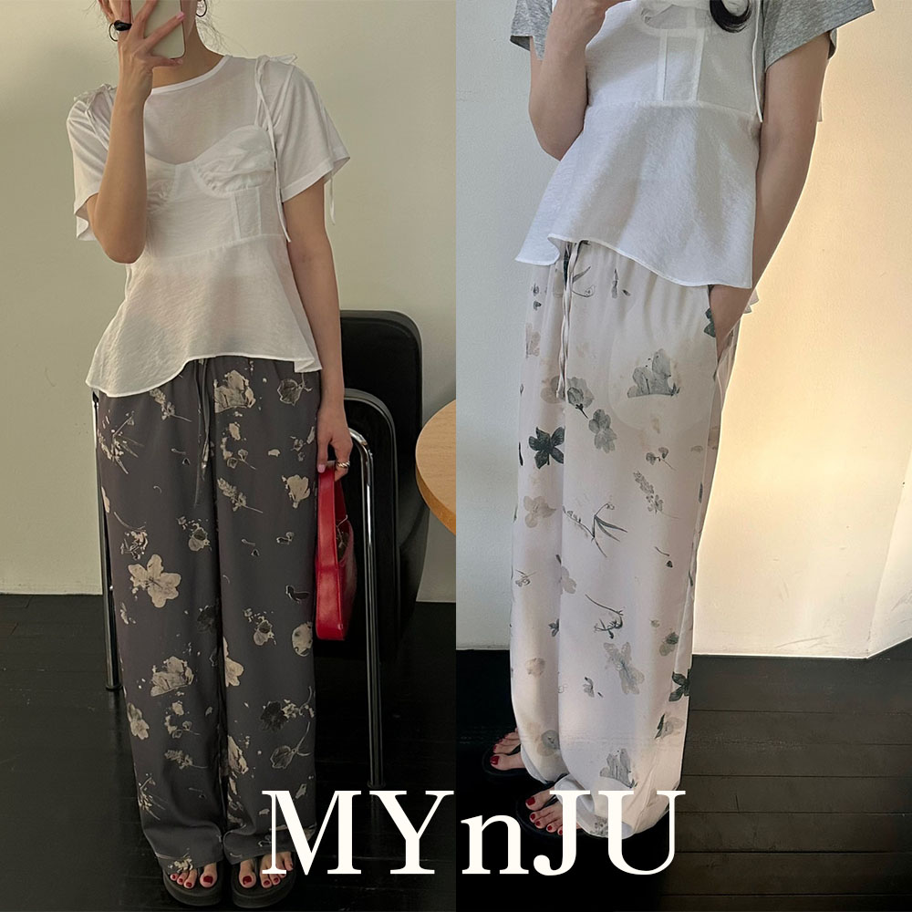 [당일발송]마이앤쥬 25SS 리플랫 벤자민 플라워 실키 허리 스트링 와이드 팬츠(2col) : 마이앤쥬