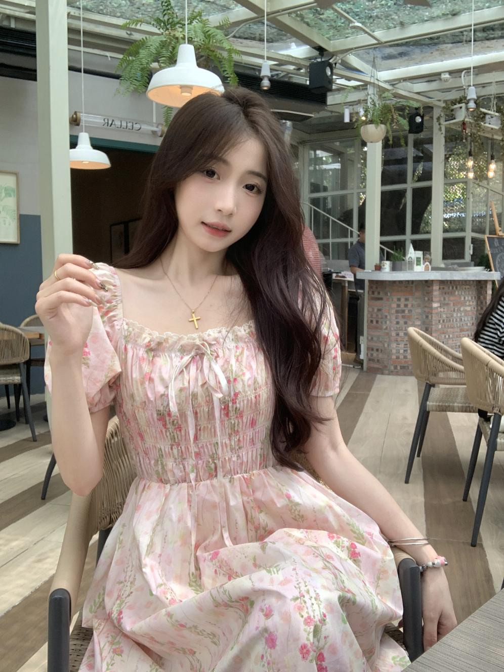 찰랑 롱 원피스 젠틀 식 스위트 여성 여름 슬리밍 플로럴 드레이프 커버 미트 스커트 : LA총각