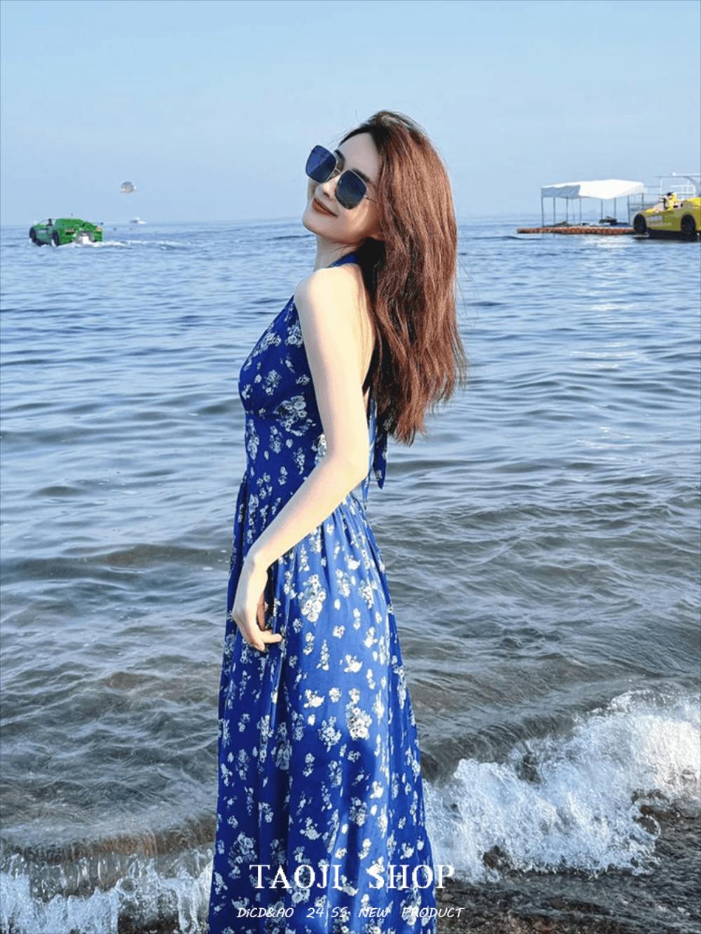하늘하늘 여름 원피스 슬리밍 홀리데이 롱 보세 블루 플로럴 홀터넥 서스펜더 쉬폰 : 시애틀시골총각