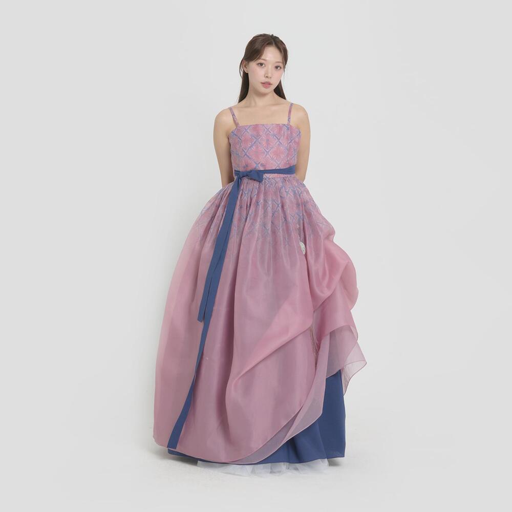리슬 꽃살 여밈 한복 드레스 핑크 웨딩 피로연 원피스 2부드레스 결혼 파티 촬영 여자 한복 : 리슬