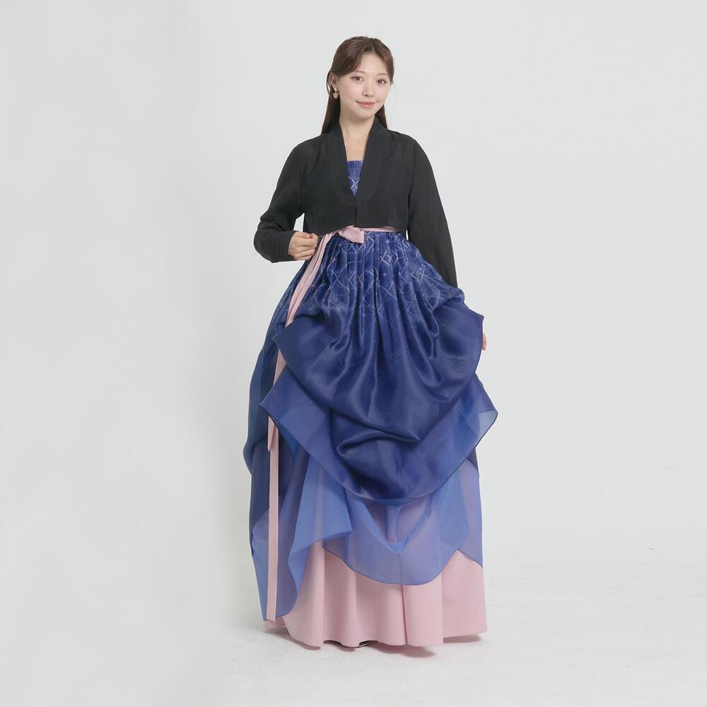리슬 꽃살 여밈 한복 드레스 블루 웨딩 피로연 원피스 2부드레스 결혼 파티 촬영 여자 한복 : 리슬