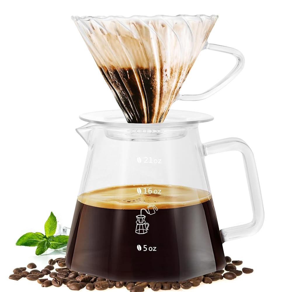 YMMIND 21온스 커피 메이커 세트, V60 유리 커피 드리퍼, 팔각형 모양의 커피 포트, 40Pcs 필터 종이 선물 세트 : 루나럭스샵