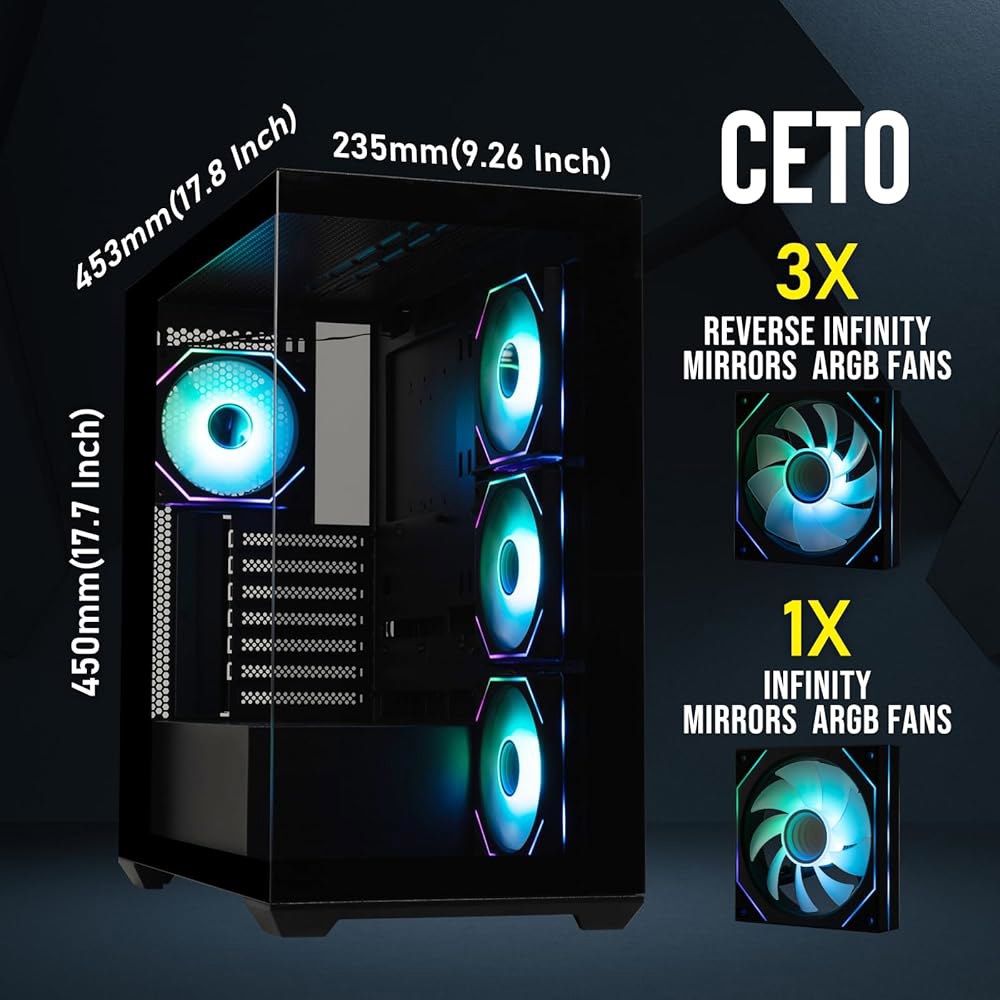 비트페닉스 CETO 고풍량 PC 게이밍 케이스 블랙-파노라믹 유리-역연결 마더보드 호환-4배 인피니티 미러링 팬 3배 리버스 -360MM AIO/GPU... 
