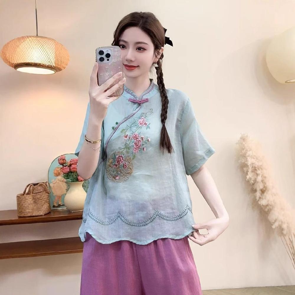여성 봄 차이나 사판 단추 자수 빈티지 트렌드 모시 셔츠 A287 원픽3 : 트레블24