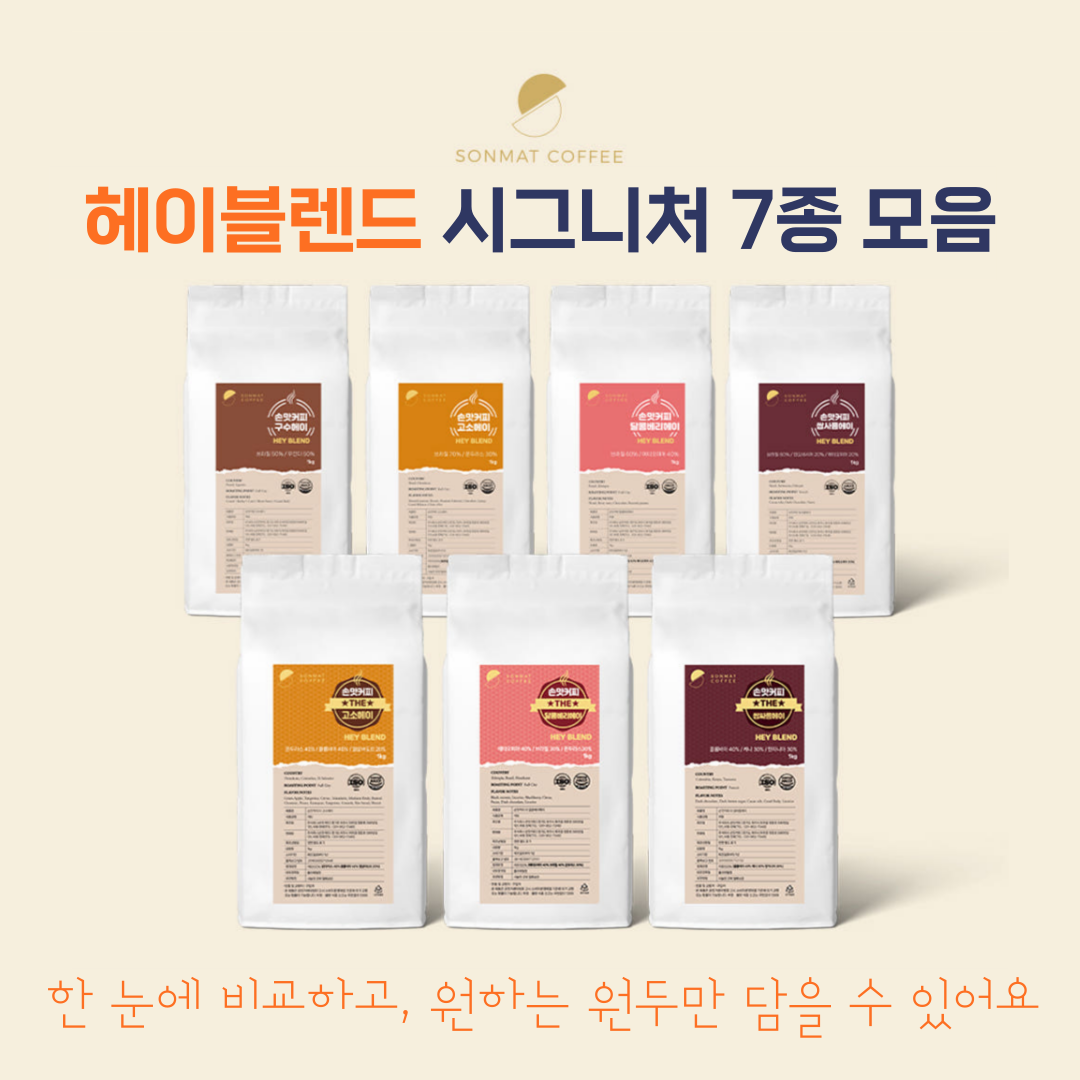 헤이블렌드 7종 블렌딩원두 1kg 홀빈 분쇄x 당일로스팅원두커피 : 주식회사 손맛커피